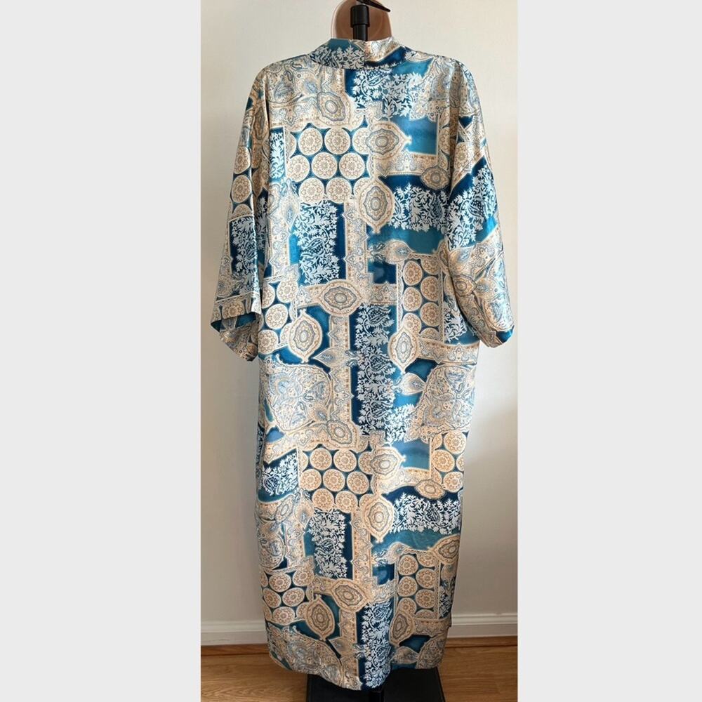 Vintage Satin Robe Inner Most Teal Blue Tan Geometric Mandala Style Pattern - Picture 7 of 7